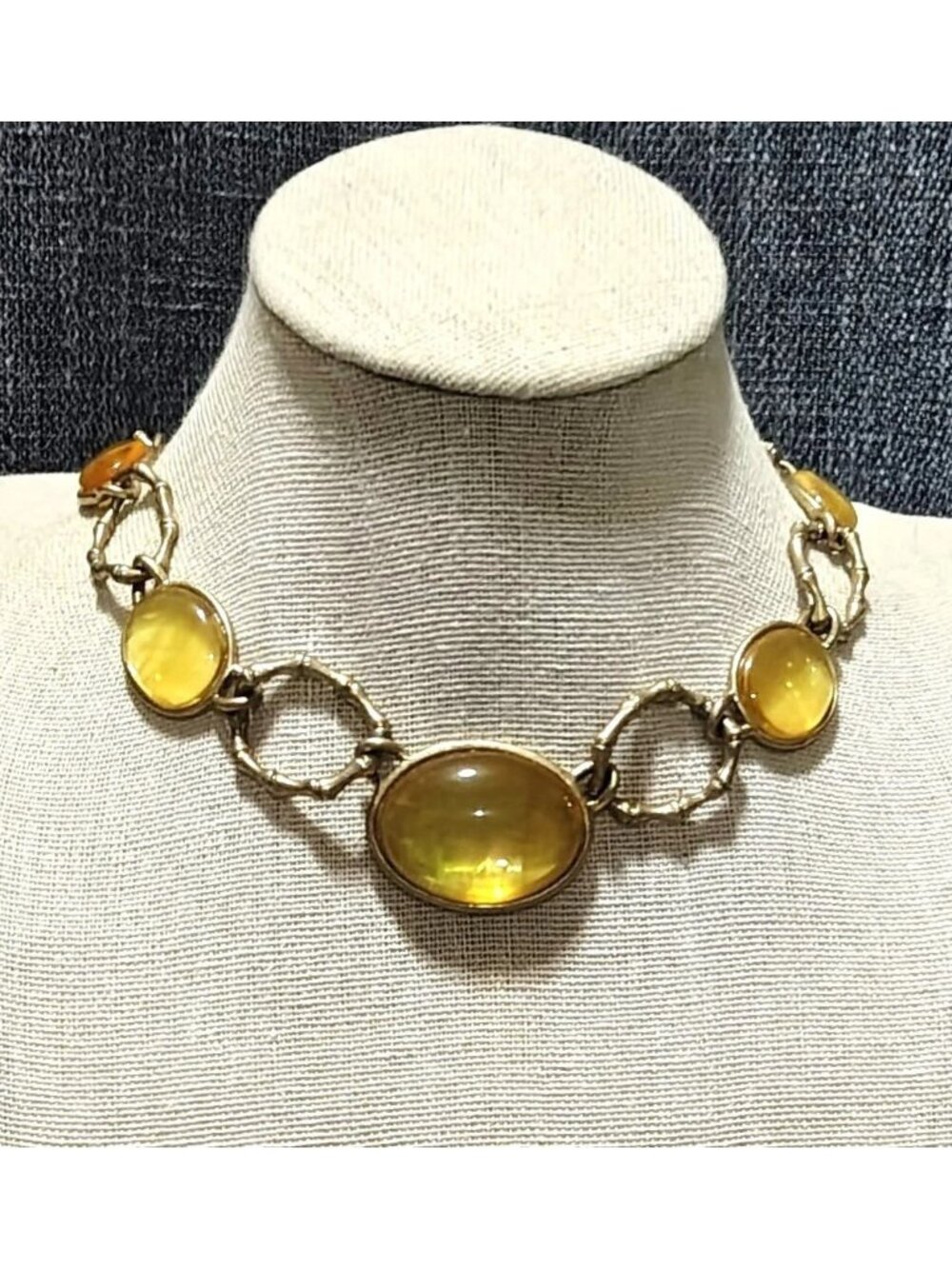 Vtg Gold Tone Bamboo Link Chain Yellow Glass Choker Short Necklace 16" Moonglow